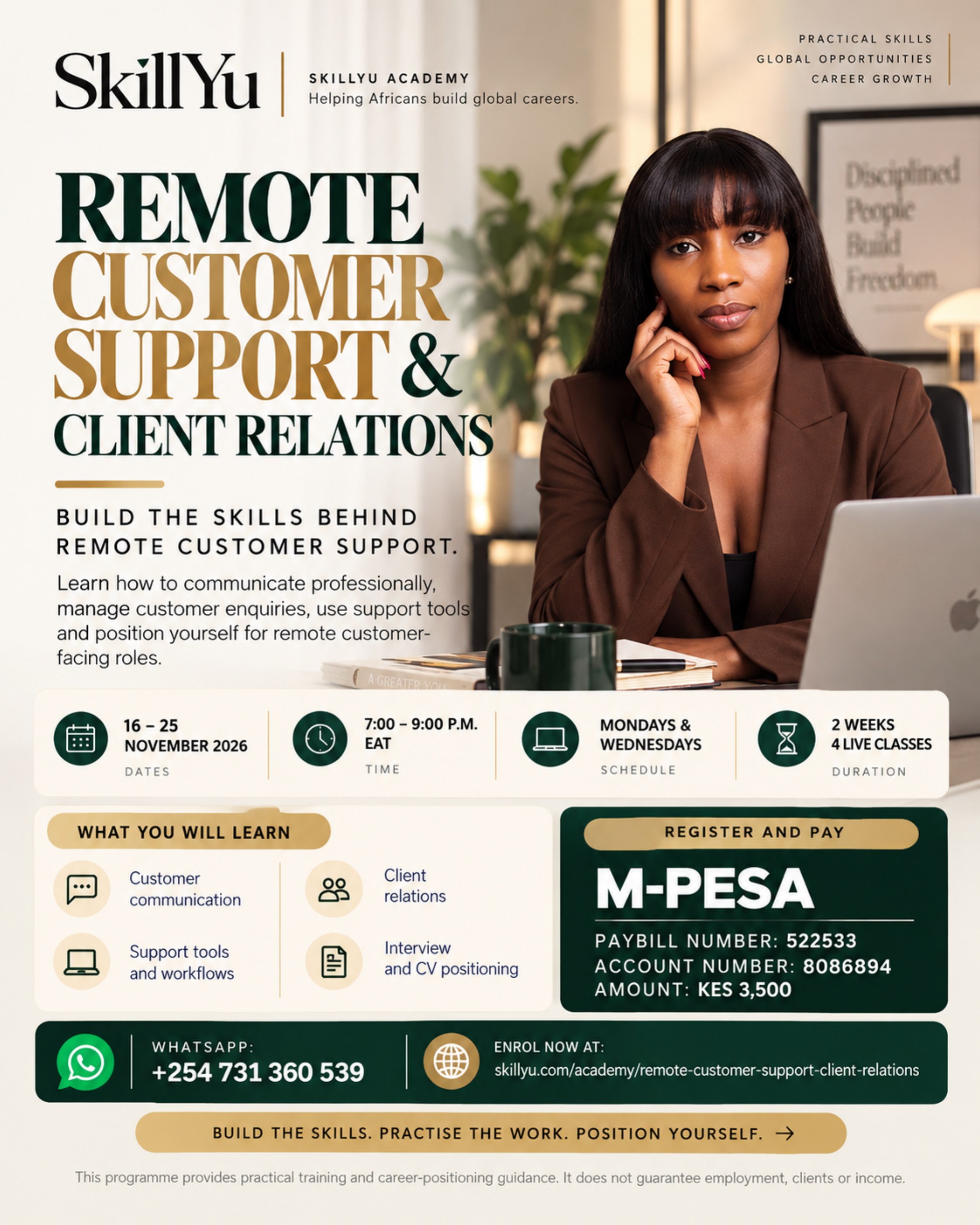SkillYu Remote Customer Support and Client Relations Programme poster with dates, learning areas and registration information